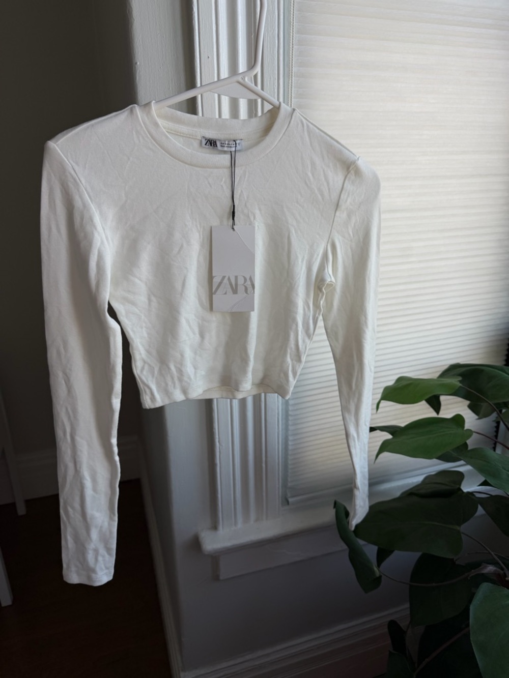 Zara White Long-Sleeve Cropped Crew Neck Top